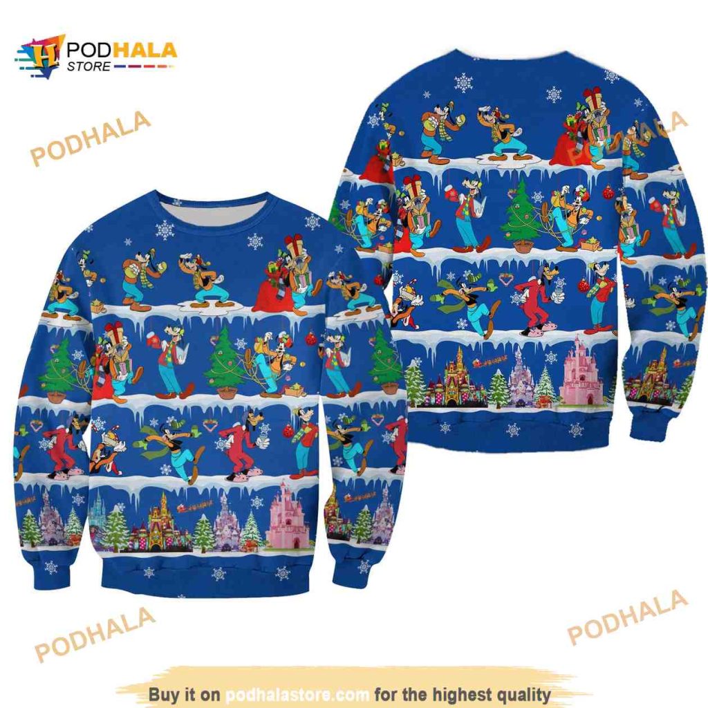 Goofy Dog Pattern Xmas Blue 2023 Christmas Disney Ugly Christmas Sweater