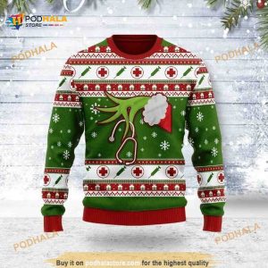 Grinch Holdding Stethoscope Nurse Xmas Ugly Wool Sweater