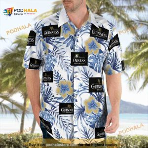 Guinness Hawaiian Shirt, Blue And Yellow Hibiscus Aloha Shirt