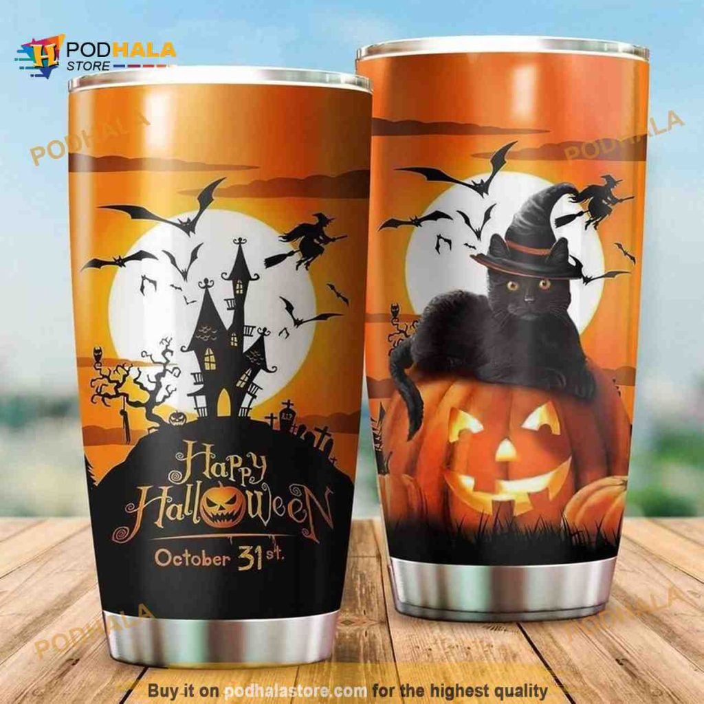 Halloween Castle Witch Cat Gift Travel Coffee Tumbler