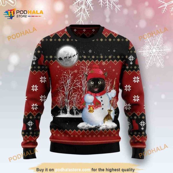 Happy Black Cat Snowman Ugly Christmas Christmas Occasion Sweater