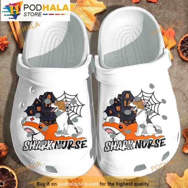 Happy Dog Sitting On Shark Nurse Halloween 3D Funny Crocs Crocband