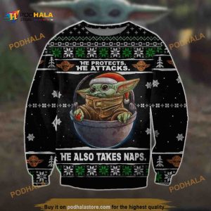 He Protects He Attacks He Also Takes Naps Baby Yoda Xmas Ugly Sweater