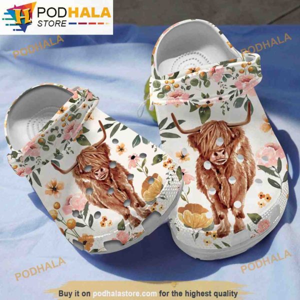 Highland Cow Floral 3D Funny Crocs Clog Shoes