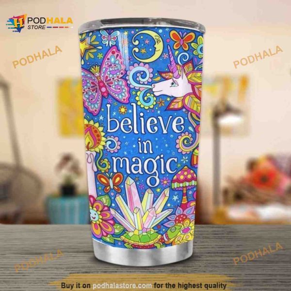 Hippie Believe Unicorn Stainless Steel Cup Travel Tumbler, Hippe Gift