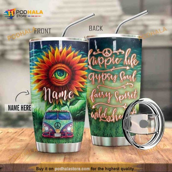 Hippie Life Sunflower Bus Personalized Name Travel Tumbler, Hippe Gift