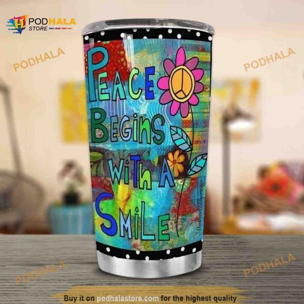 Hippie Peace Flower Art Stainless Steel Cup Travel Tumbler, Hippe Gift