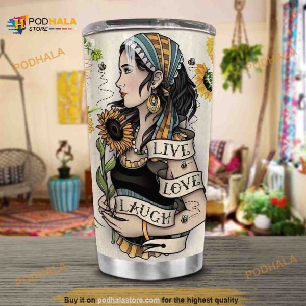Hippie Sunflower Girl Stainless Steel Cup Travel Tumbler, Hippe Gift