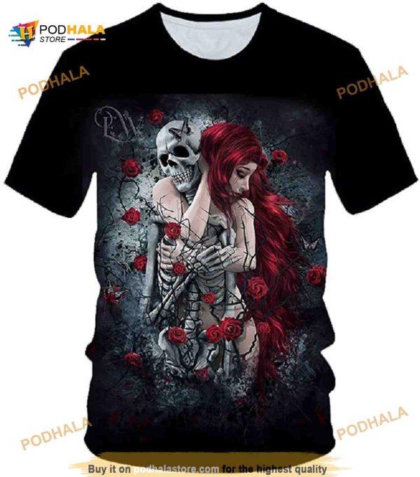 Hisayhe Skull and Beauty 3D Shirt, Skulls and Roses Unisex Short Sleeve Tshirt
