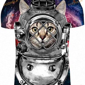 Hiuwa 3D Shirt Funny Cat Astronaut Costume Tee