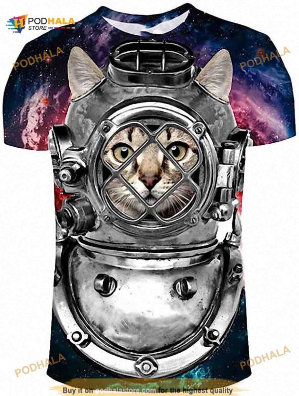 Hiuwa 3D Shirt Funny Cat Astronaut Costume Tee