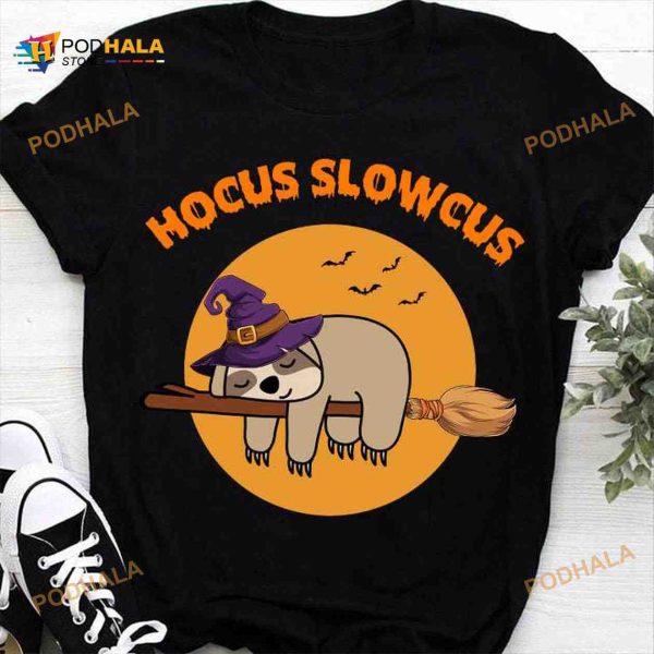 Hocus Slowcus Sleeping On Broom Sloth Shirt, Halloween Witch Sloth Tee