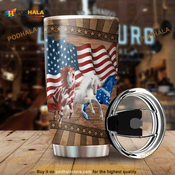 Horse Three Running Horses American Flag Stainless Steel Cup Coffee Tumbler