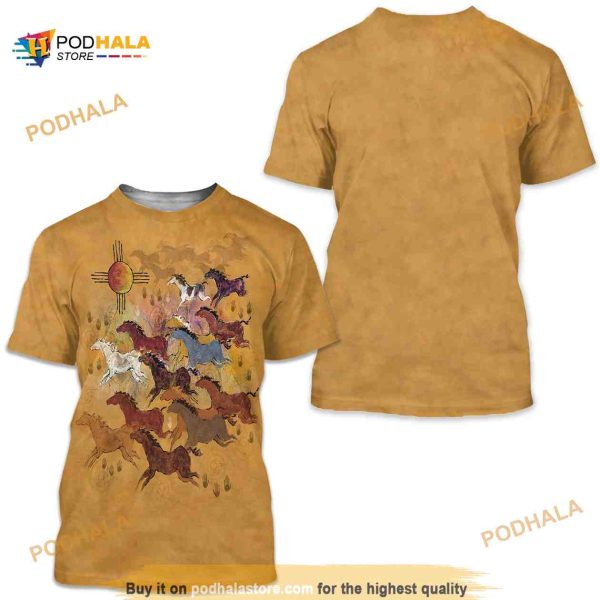 Horses and Sun Yellow Running Galloping Spirited Beautiful Wild 3D Shirt