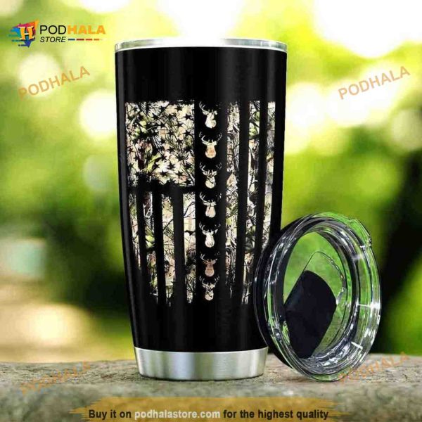 Hunting Deer America Flag Pattern Stainless Steel Cup Coffee Tumbler