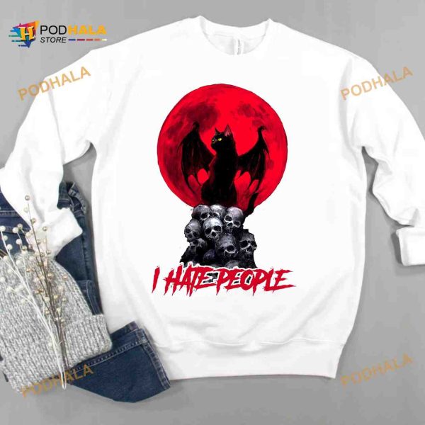 I Hate People Skull Black Cat Bat Red Moon Halloween Shirt