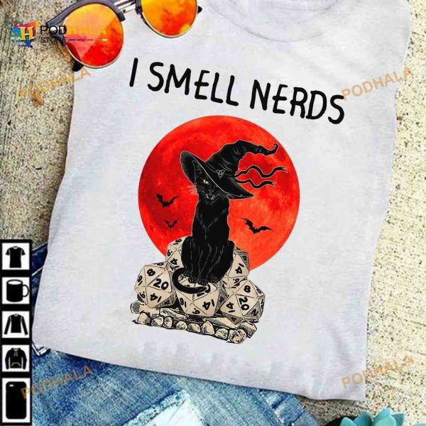 I Smell Nerds Dungeons And Dragons Halloween Black Cat Witch Shirt