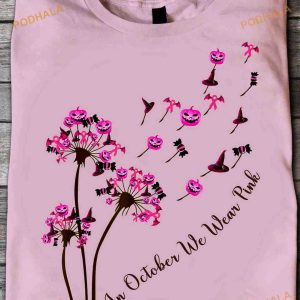 In October We Wear Pink Breast Cancer Awareness Shirt, Halloween Witch Hat Shirt