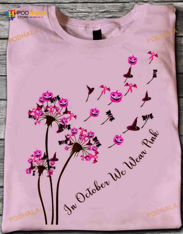 In October We Wear Pink Breast Cancer Awareness Shirt, Halloween Witch Hat Shirt