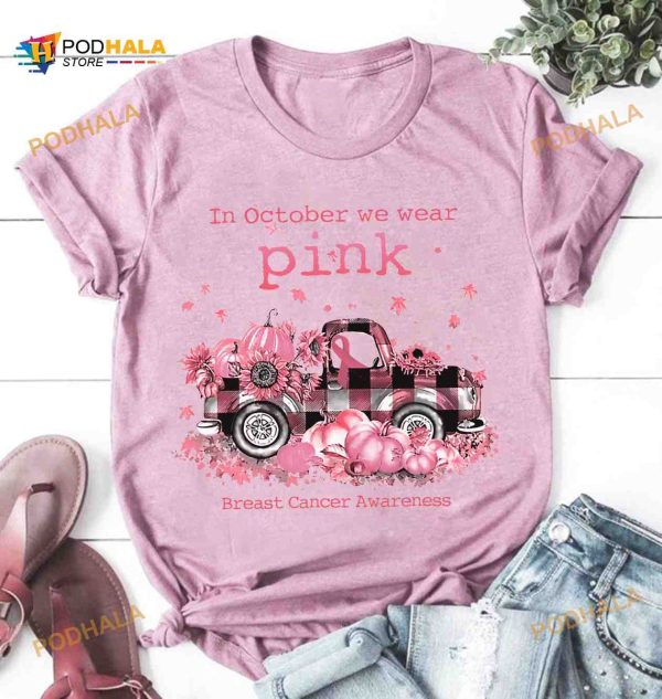 In October We Wear Pink Breast Cancer Awareness Trunk With Pumpkin Halloween Shirt