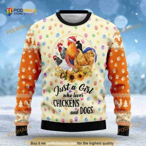 Just A Girl Who Loves Chickens And Dogs Funny Ugly Christmas Sweater