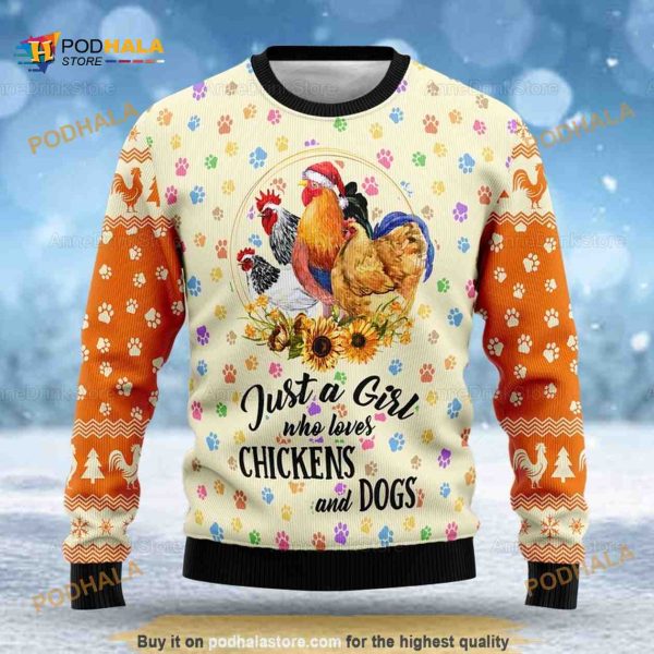 Just A Girl Who Loves Chickens And Dogs Funny Ugly Christmas Sweater