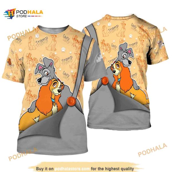 Lady and The Tramp Gray Button Overalls Patterns Disney Unisex Shirt 3D