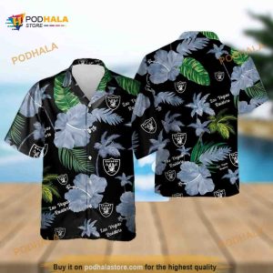 Las Vegas Raiders NFL Hawaiian Shirt, Hibiscus Flower Pattern On Dark Theme Aloha Shirt