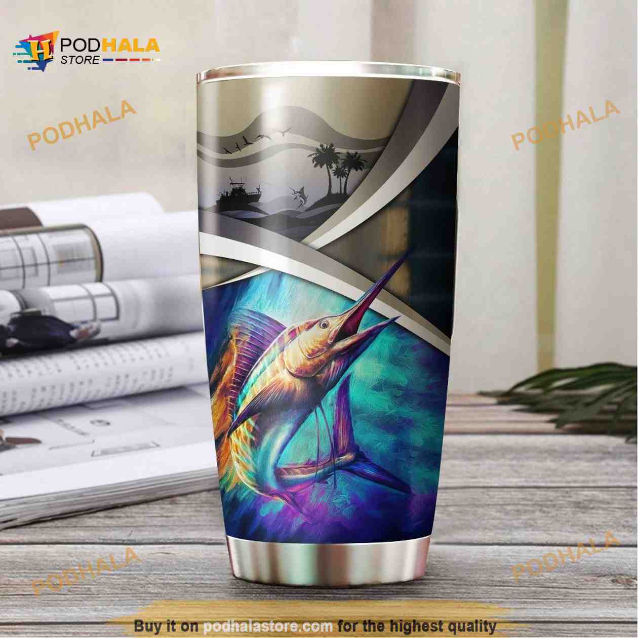 20 Oz Skinny Tumbler Marlin Design With Stainless Steel Straw 