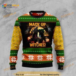 Mask Up Witches Black Cat Ugly Christmas Occasion Sweater