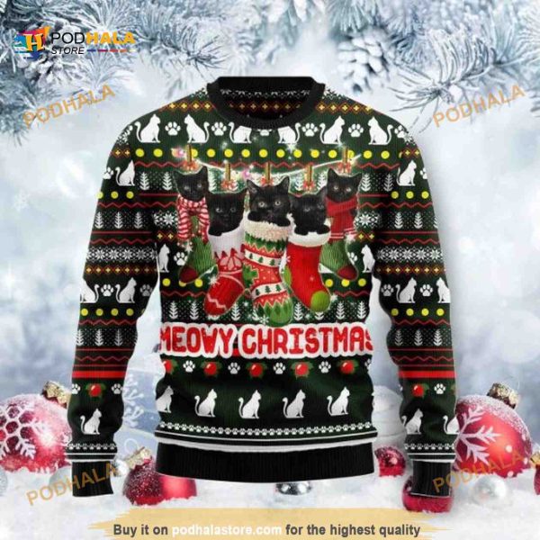 Meowy Christmas Black Cat Christmas Wool Funny Ugly Sweater