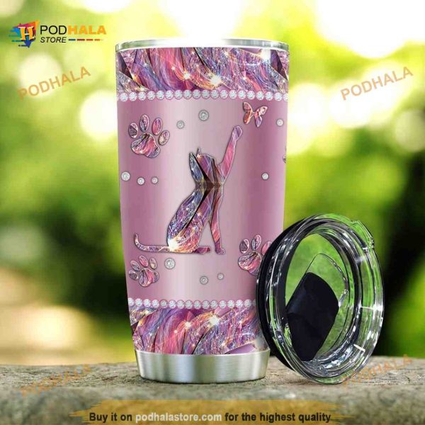 Metal Style Cat With Butterfly Stainless Steel Cup Coffee Tumbler, Funny Tumbler