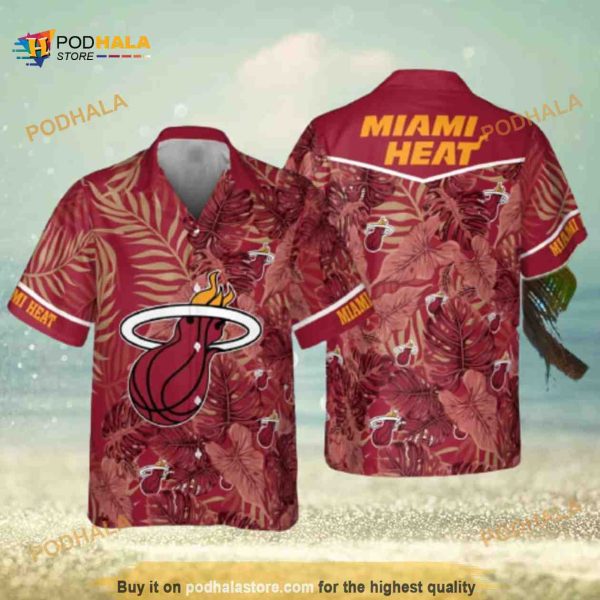 Miami Heat NBA Hawaiian Shirt, Palm Leaves On Red Background Aloha Shirt