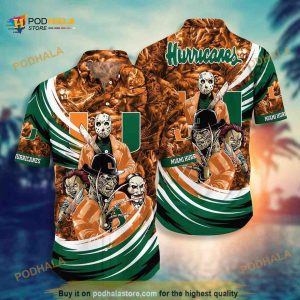 Miami Hurricanes Funny Hawaiian Shirt, Halloween Michael Myers Freddy Krueger Chucky