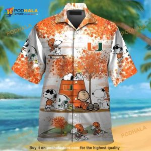 Miami Hurricanes Funny Hawaiian Shirt, The Peanuts Snoopy Autumn Tree