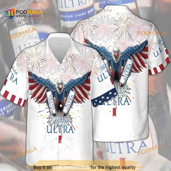 Michelob Ultra Beer Funny Hawaiian Shirt, Bald Eagle Fireworks Aloha Shirt