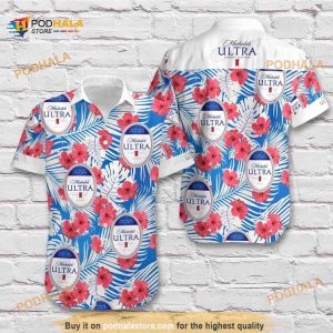 Michelob Ultra Beer Funny Hawaiian Shirt, Hibiscus Flowers And Palm Leaves Aloha Shirt