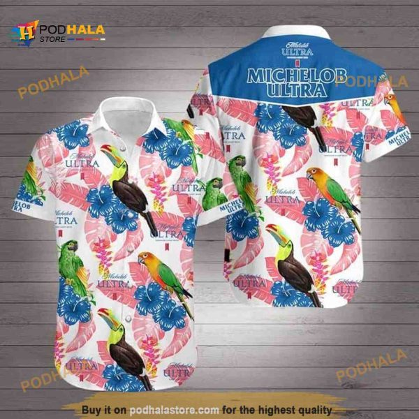 Michelob Ultra Funny Hawaiian Shirt, Bird And Hibiscus Flower Aloha Shirt