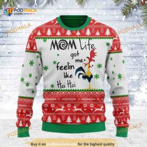 Mom Life Got Me Feelin Like Hei Hei Rooster Xmas Ugly Wool Sweater