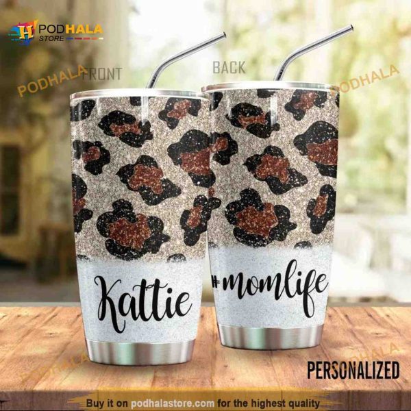 Mom Life Leopard Personalized Bling Gift Travel Coffee Tumbler