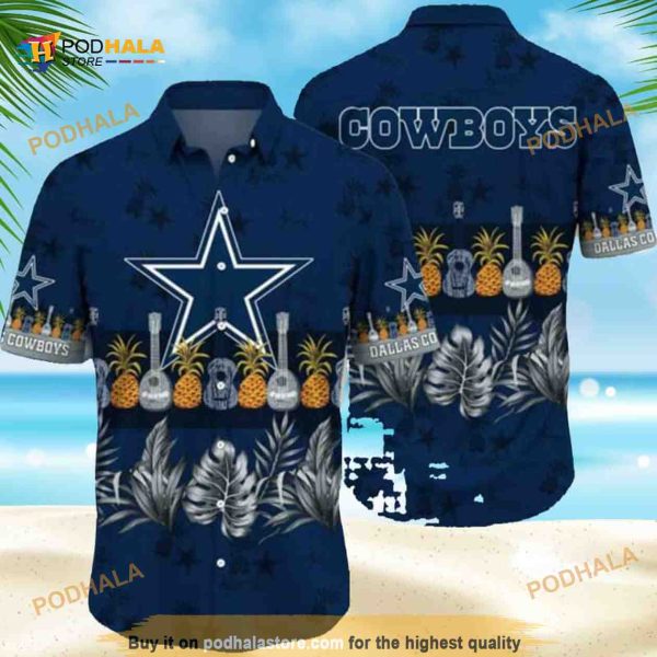 NFL Cowboys Hawaiian Shirt, Pineapple Guitar Tropical Leaves Pattern Aloha Shirt
