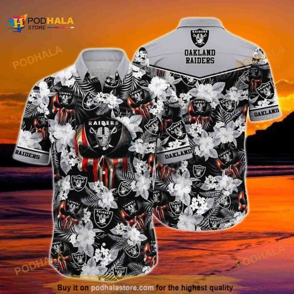 NFL Las Vegas Raiders Hawaiian Shirt, Skull US Flag Flower Pattern Aloha Shirt