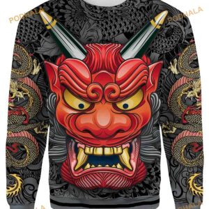 Oni Mask Gray All Over Printed Funny Ugly Sweater