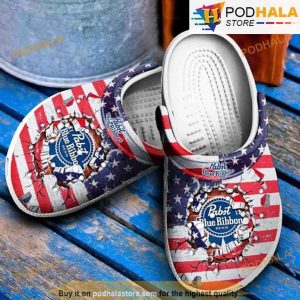 Pabst Blue Ribbon Beer Cracks American Flag 3D Funny Crocs