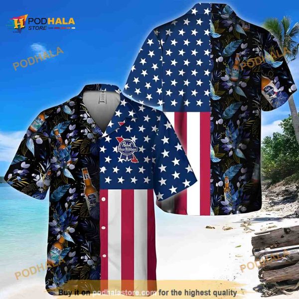 Pabst Blue Ribbon Beer Hawaiian Shirt, US Flag Tropical Flowers Aloha Shirt