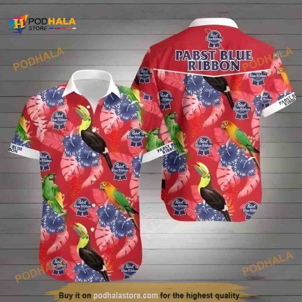 Pabst Blue Ribbon Hawaiian Shirt, Parrot Hibiscus Flower Summer Beach Gift Aloha Shirt