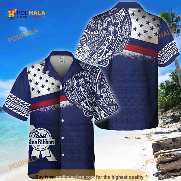 Pabst Blue Ribbon Hawaiian Shirt, Polynesian Pattern Beer Lovers Gift Aloha Shirt
