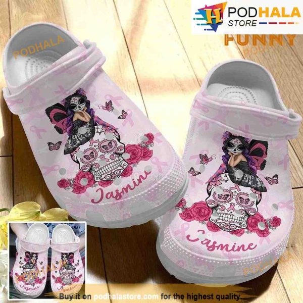 Personalized Breast Cancer Sugar Skull Fairy 3D Funny Crocs