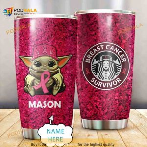 Personalized Breast Cancer Survivor Baby Yoda Hat Hug Custom Coffee Tumbler