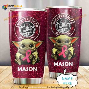 Personalized Breast Cancer Survivor Baby Yoda Hug Custom Coffee Tumbler